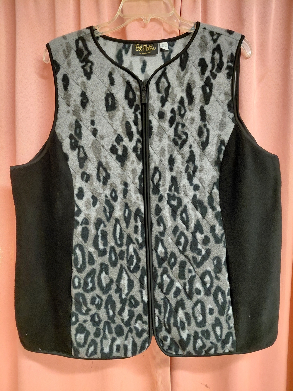 Bob Mackie *Wearable Art Blk & Gray Leopard Print Quilted Zip-up Vest (XL)